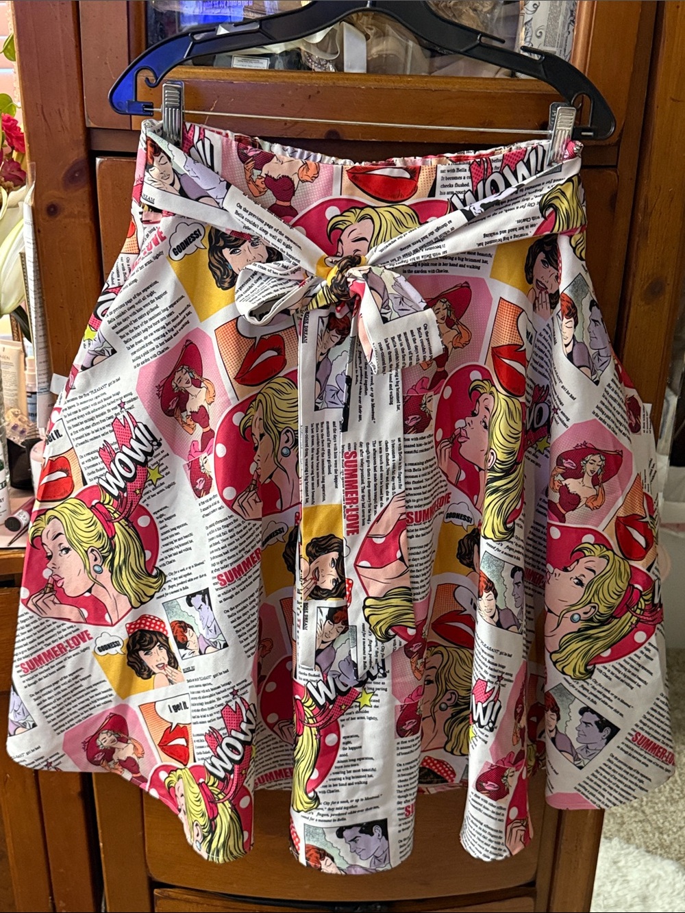 Belle Poque Women’s White Comic Print Circle Skirt with Tie Waist